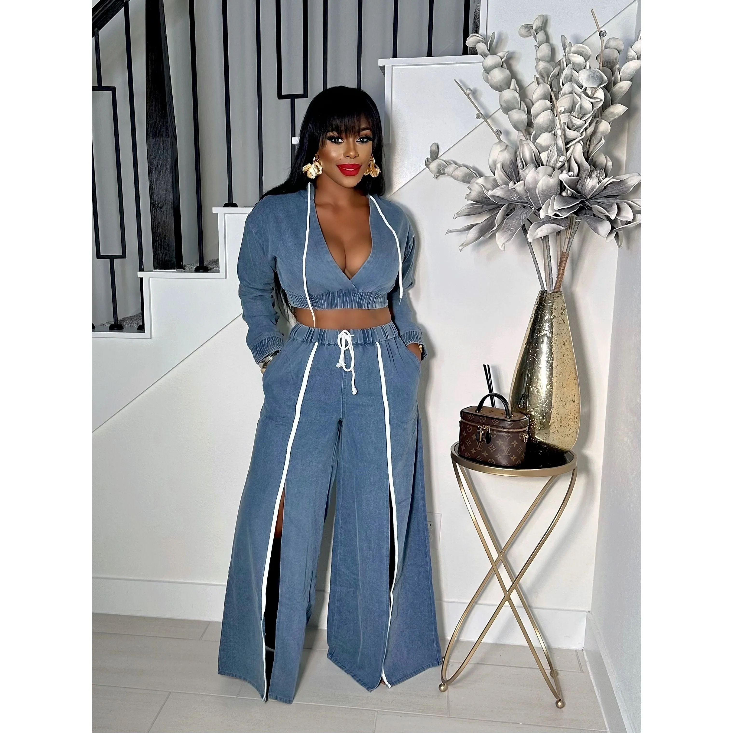 WIDELEGS SLIT DENIM 2 PIECE HOODED PANTS  SET