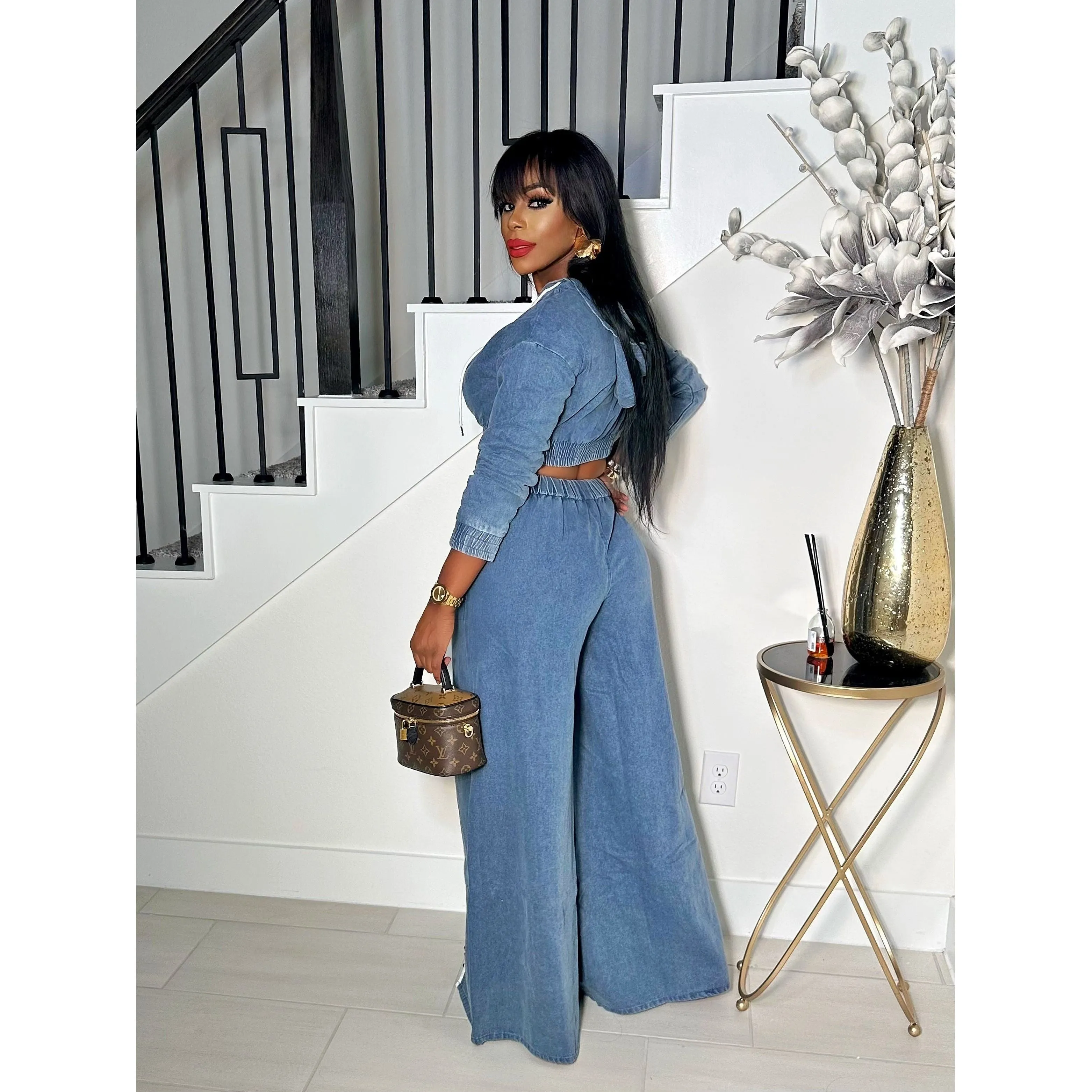 WIDELEGS SLIT DENIM 2 PIECE HOODED PANTS  SET
