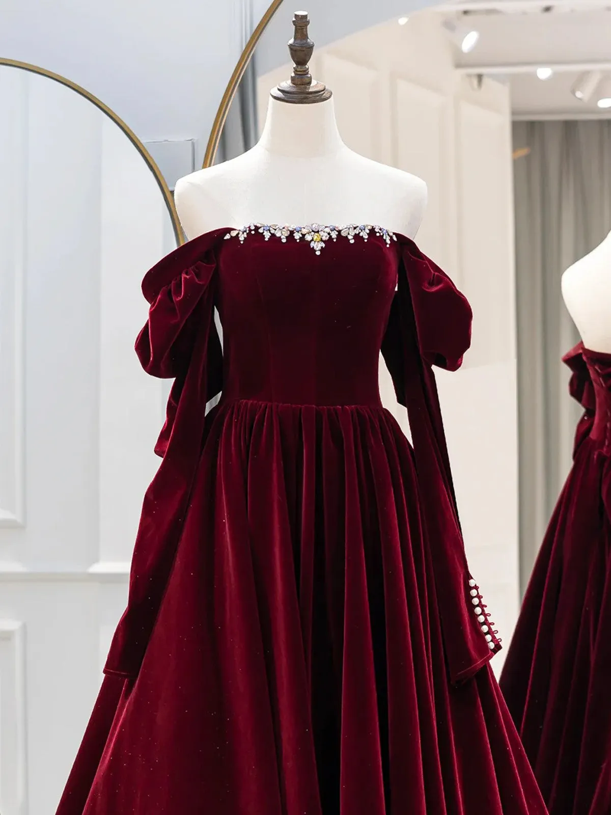 Wine Red Long Sleeves Off Shoulder Party Dress, Wine Red Velvet Prom Dress