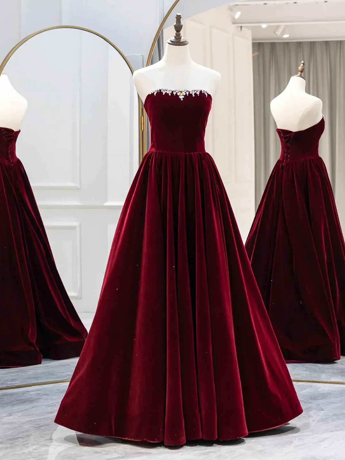 Wine Red Long Sleeves Off Shoulder Party Dress, Wine Red Velvet Prom Dress