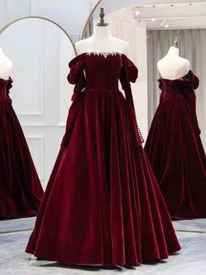 Wine Red Long Sleeves Off Shoulder Party Dress, Wine Red Velvet Prom Dress