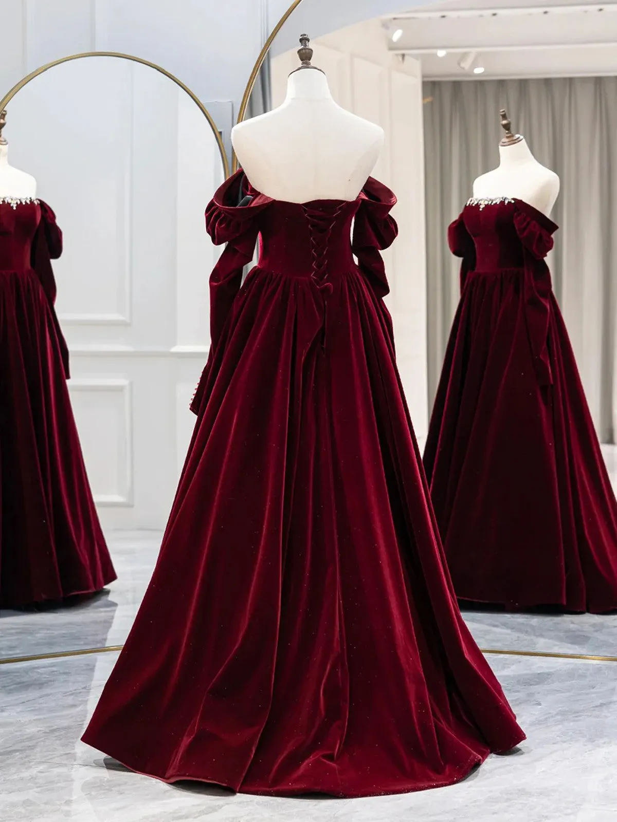 Wine Red Long Sleeves Off Shoulder Party Dress, Wine Red Velvet Prom Dress