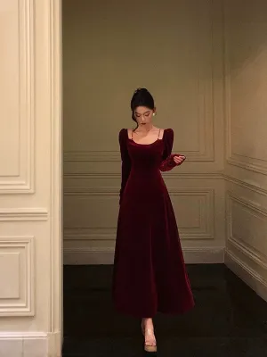 Wine Red Velvet Long Sleeves A-line Party Dress, Wine Red Velvet Prom Dress Formal Dress
