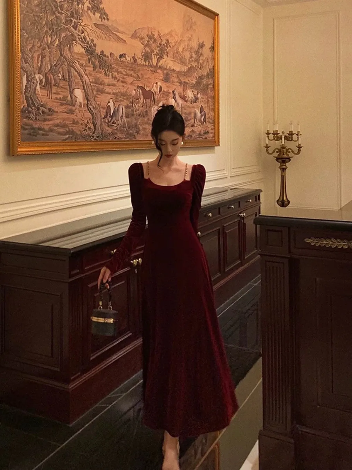 Wine Red Velvet Long Sleeves A-line Party Dress, Wine Red Velvet Prom Dress Formal Dress