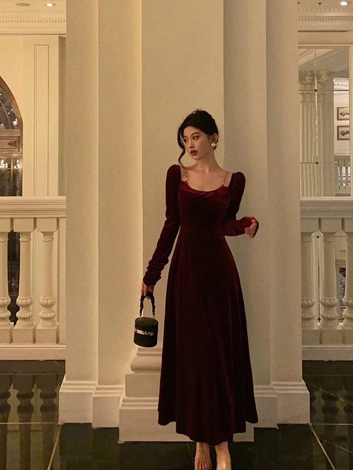 Wine Red Velvet Long Sleeves A-line Party Dress, Wine Red Velvet Prom Dress Formal Dress