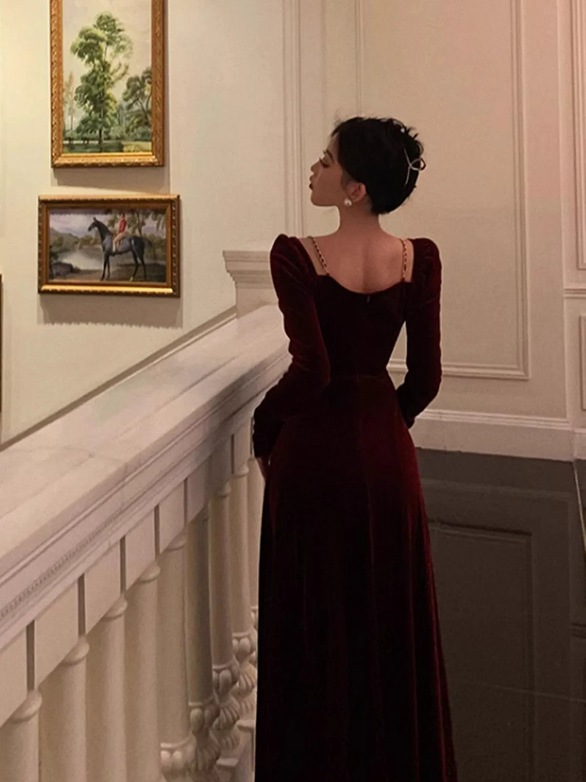 Wine Red Velvet Long Sleeves A-line Party Dress, Wine Red Velvet Prom Dress Formal Dress