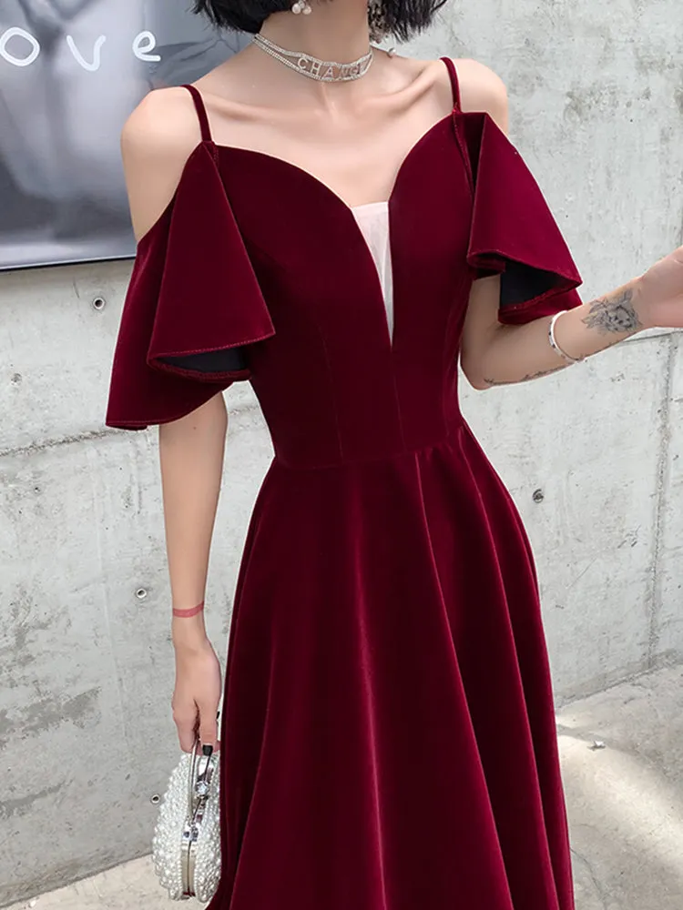 Wine Red Velvet Straps V-neckline Long Party Dress, A-line Burgundy Formal Dresses