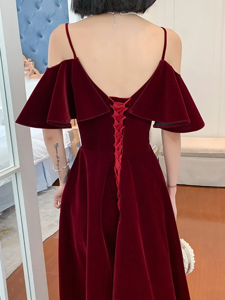 Wine Red Velvet Straps V-neckline Long Party Dress, A-line Burgundy Formal Dresses