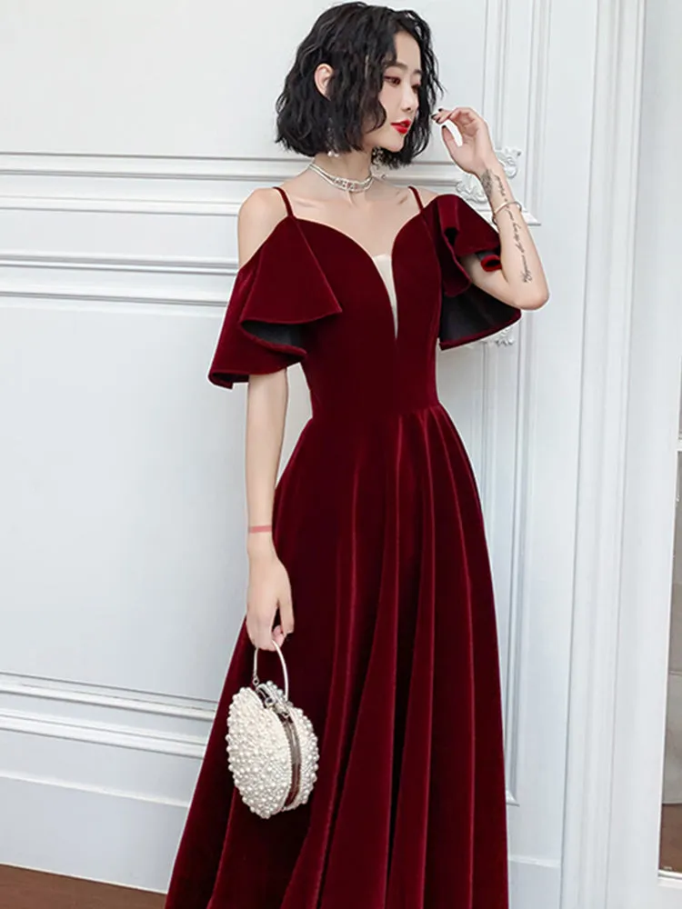 Wine Red Velvet Straps V-neckline Long Party Dress, A-line Burgundy Formal Dresses
