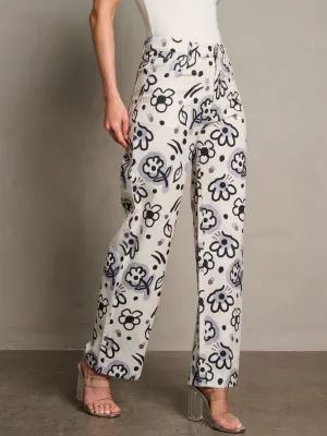 WOMEN'S BUTTON CLOSURE POCKETS FLORAL DENIM PANTS
