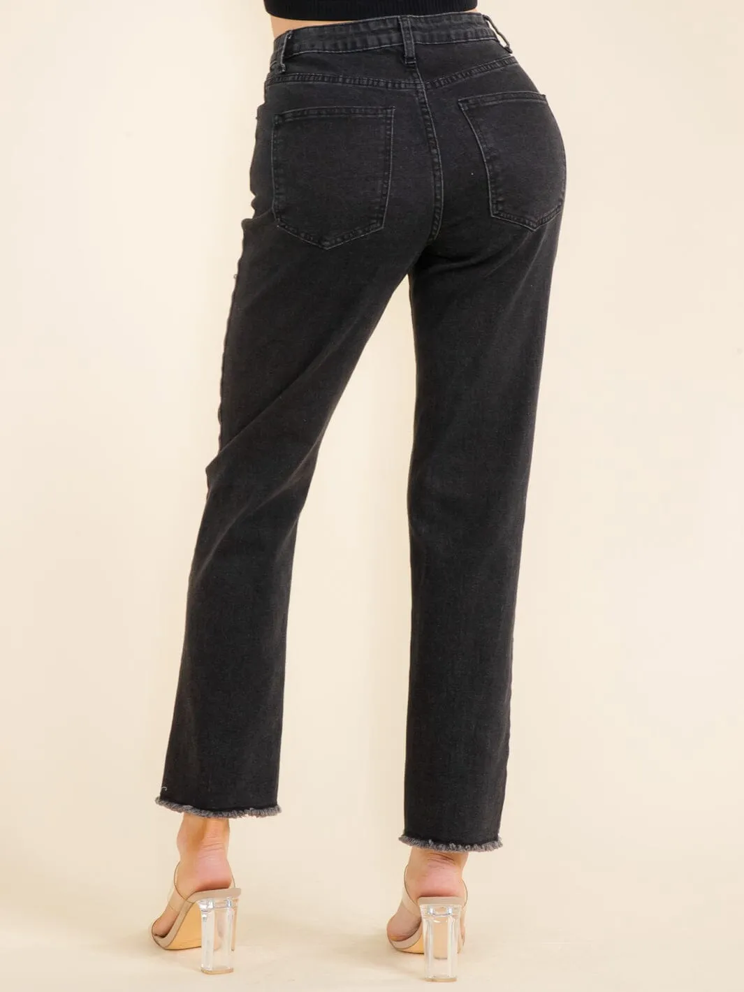 WOMEN'S BUTTON CLOSURE POCKETS STUDS DETAILED WIDE LEG DENIM PANTS