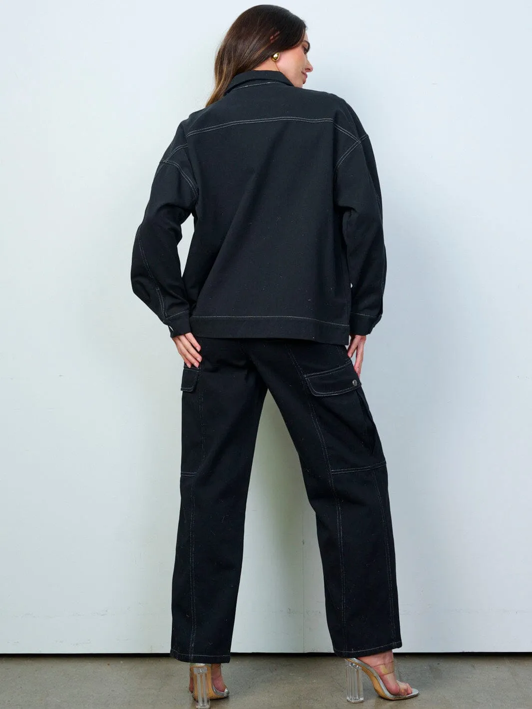 WOMEN'S BUTTON CLOSURE POCKETS WIDE LEG DENIM PANTS