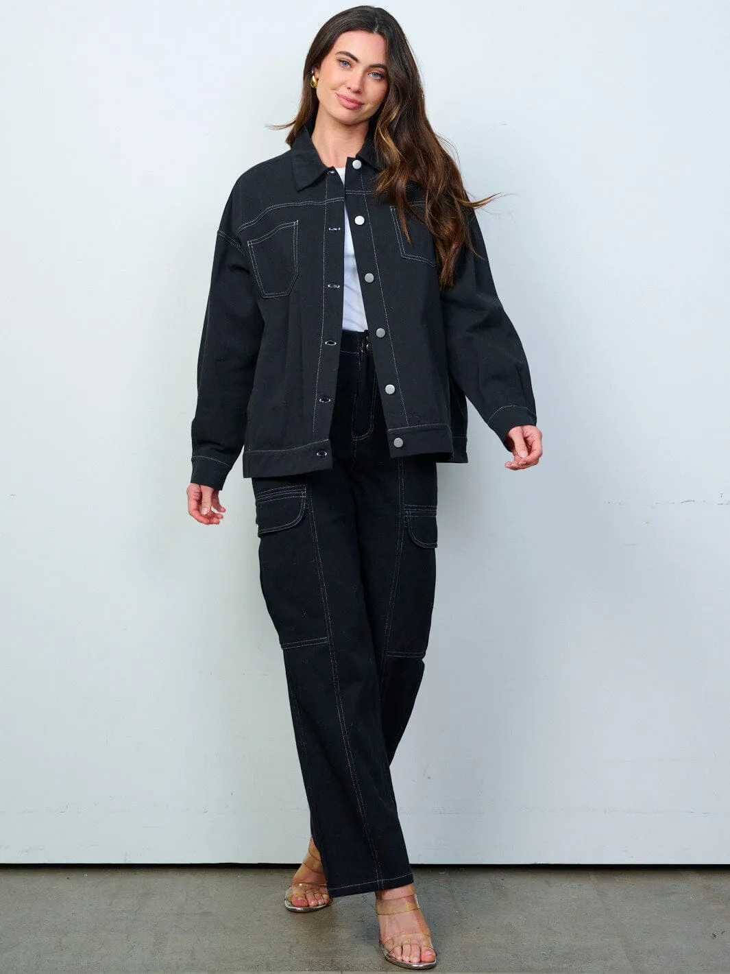 WOMEN'S BUTTON CLOSURE POCKETS WIDE LEG DENIM PANTS