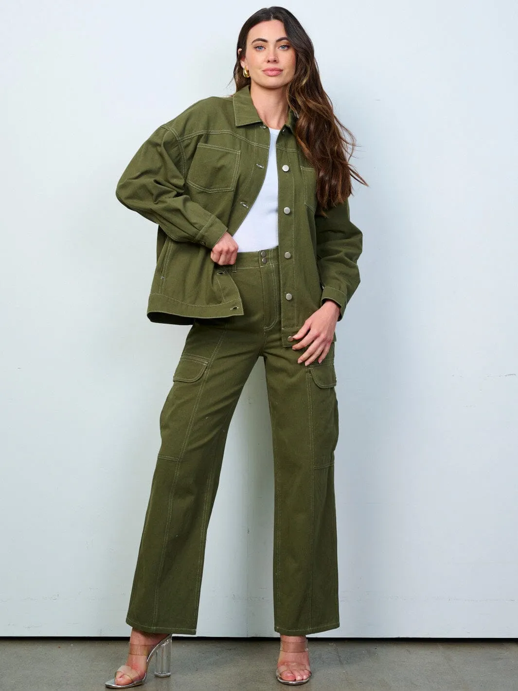 WOMEN'S BUTTON CLOSURE POCKETS WIDE LEG DENIM PANTS