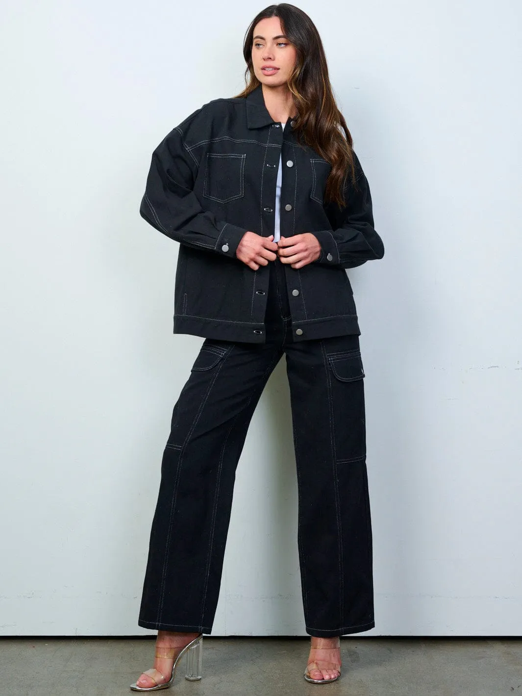 WOMEN'S BUTTON CLOSURE POCKETS WIDE LEG DENIM PANTS