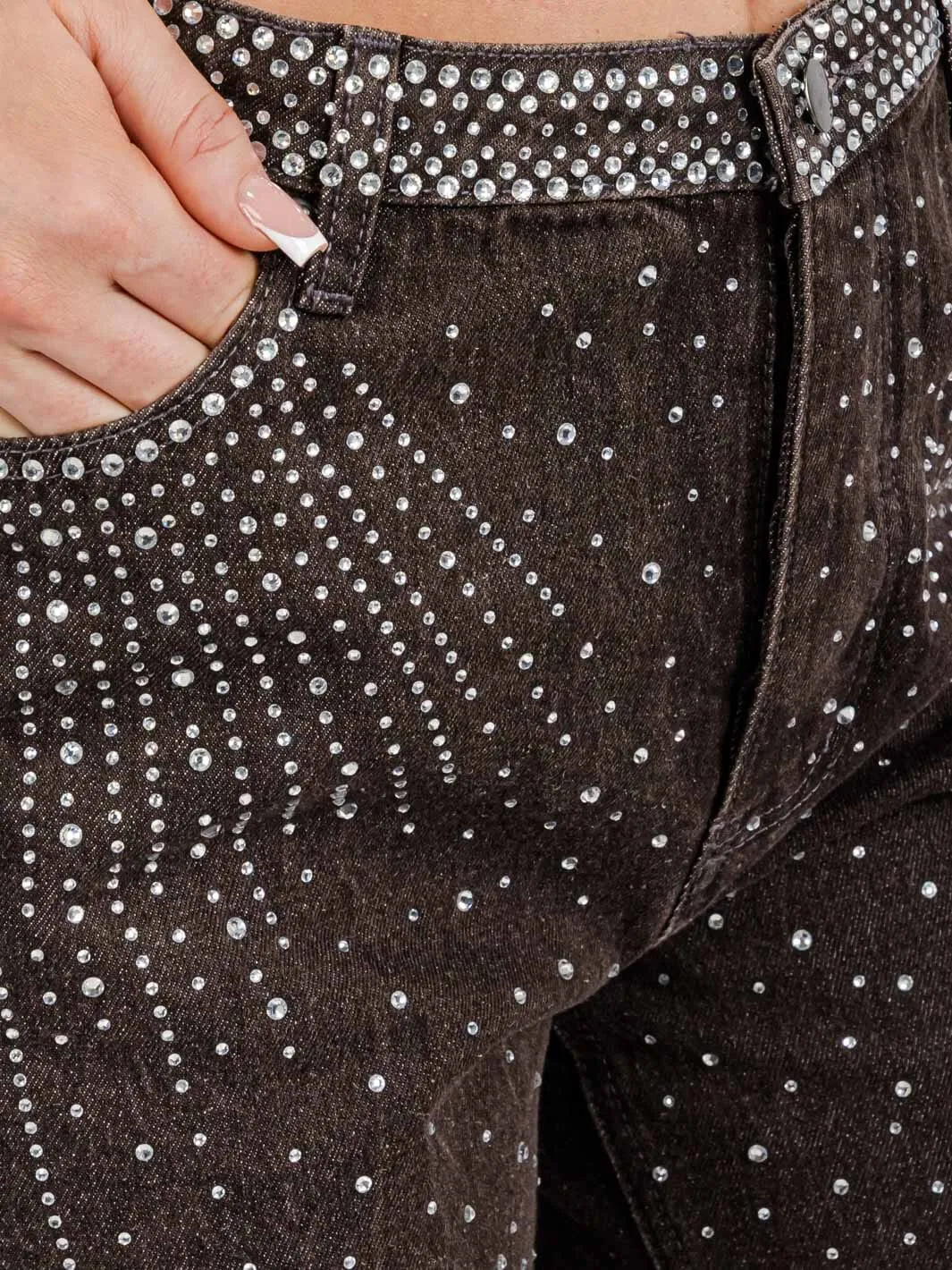 WOMEN'S BUTTON CLOSURE POCKETS WIDE LEG DENIM STUDS PANTS