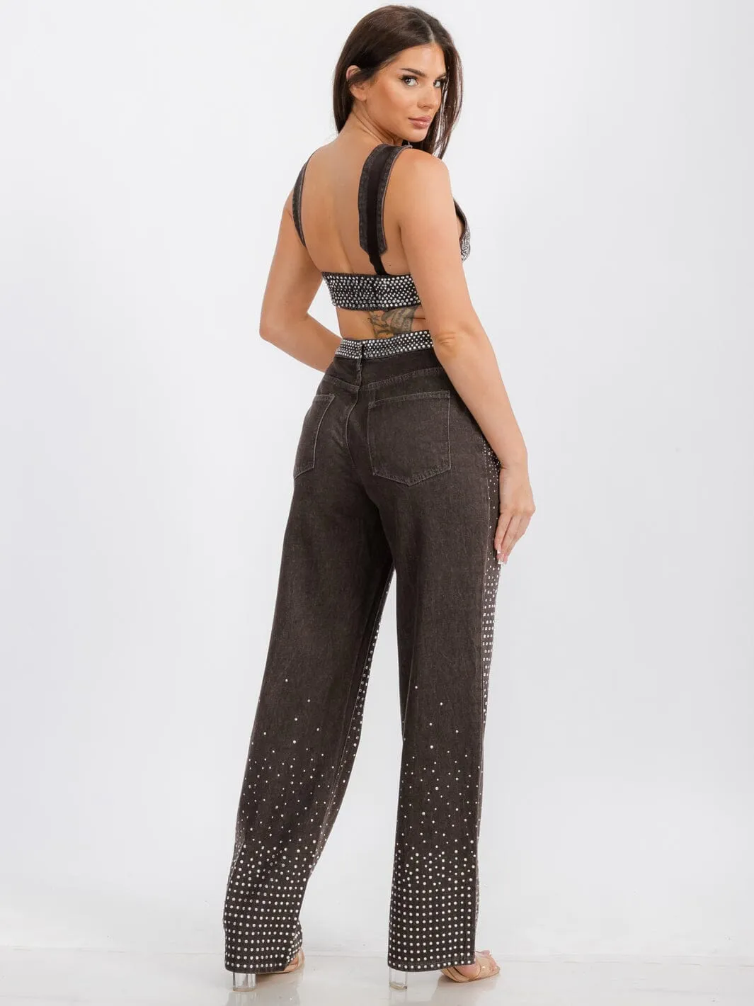 WOMEN'S BUTTON CLOSURE POCKETS WIDE LEG DENIM STUDS PANTS