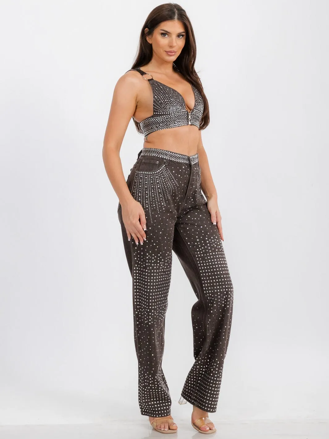 WOMEN'S BUTTON CLOSURE POCKETS WIDE LEG DENIM STUDS PANTS