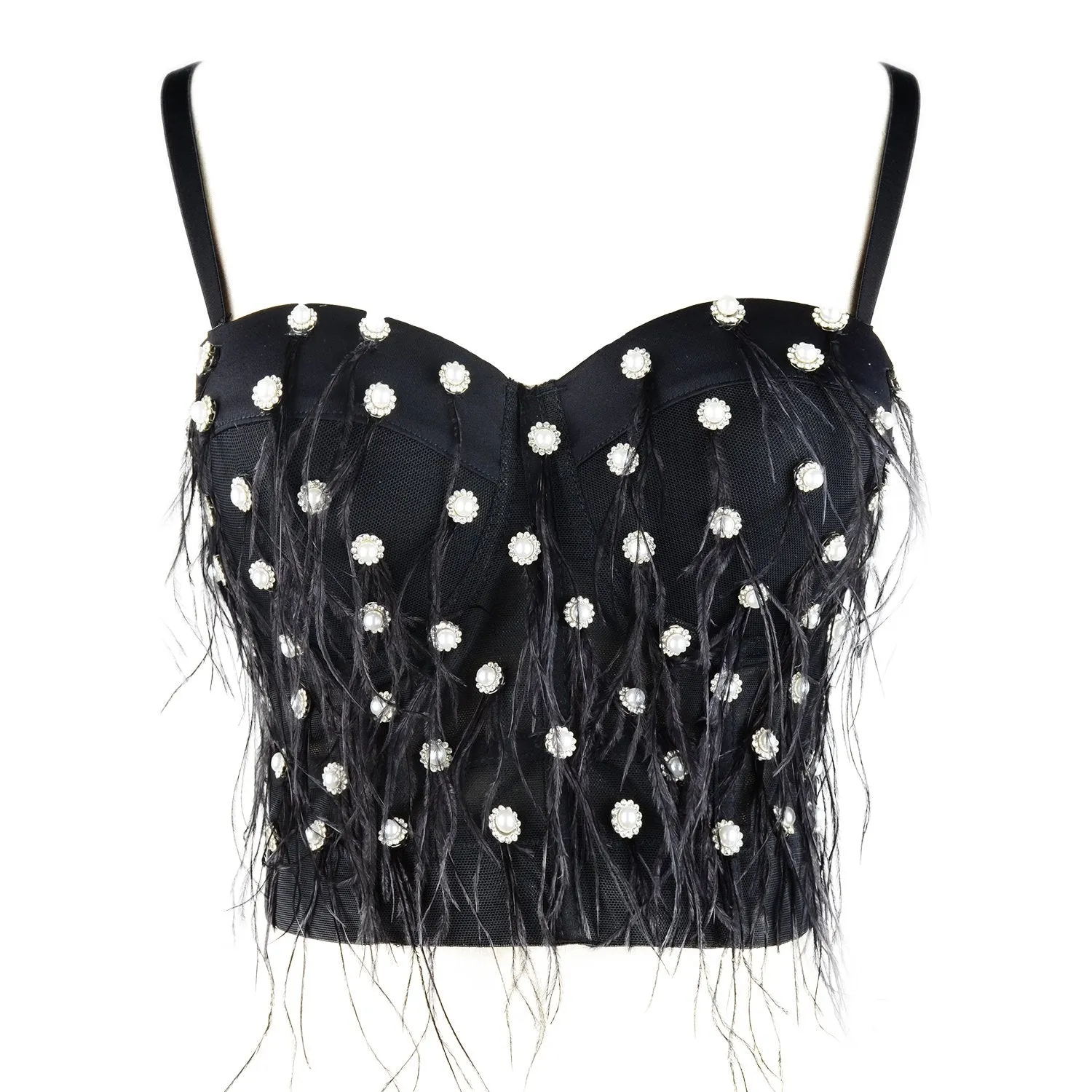Women's Feather Tassel Rhinestone Bead Mesh Bustier Crop Top Sexy Corset Top Bralet Black