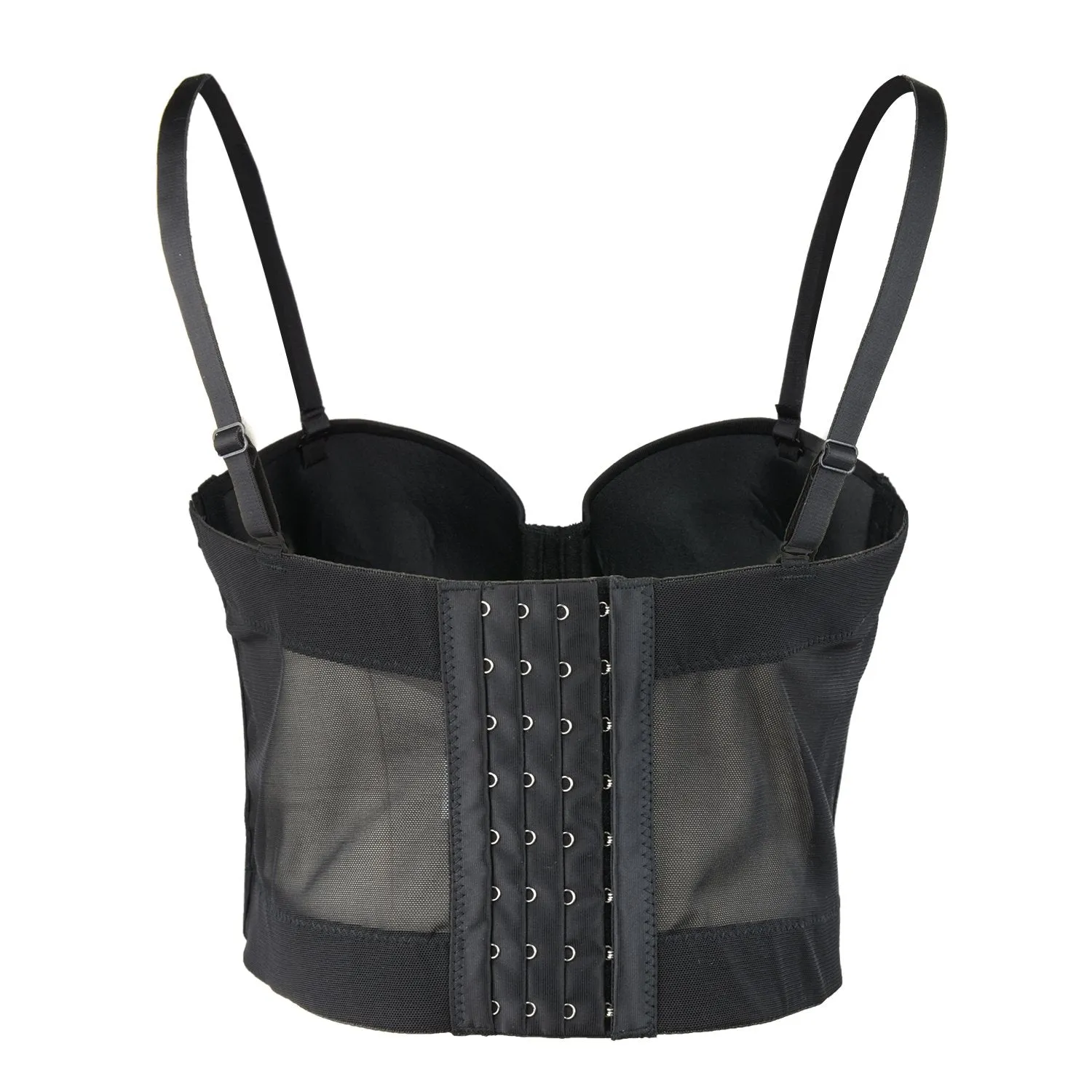 Women's Feather Tassel Rhinestone Bead Mesh Bustier Crop Top Sexy Corset Top Bralet Black