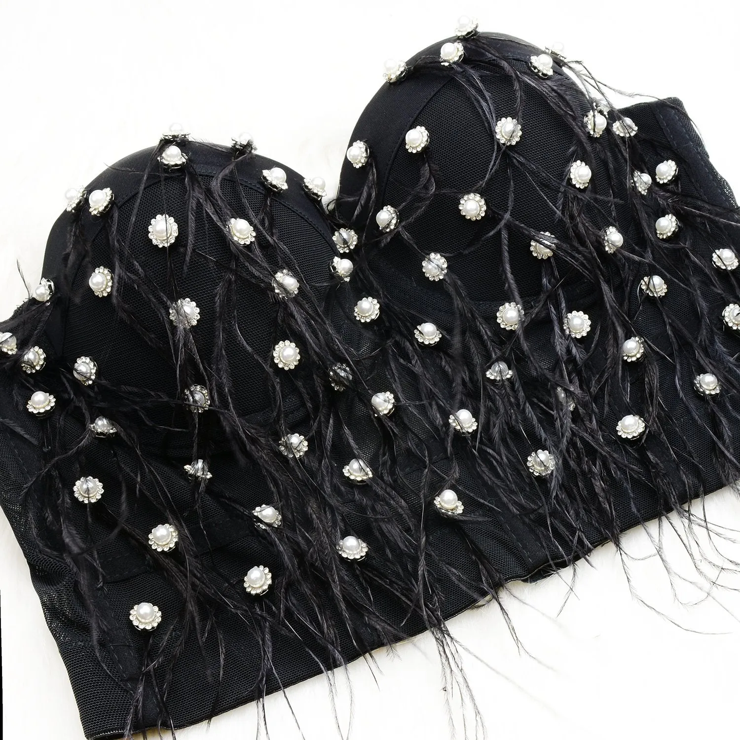 Women's Feather Tassel Rhinestone Bead Mesh Bustier Crop Top Sexy Corset Top Bralet Black