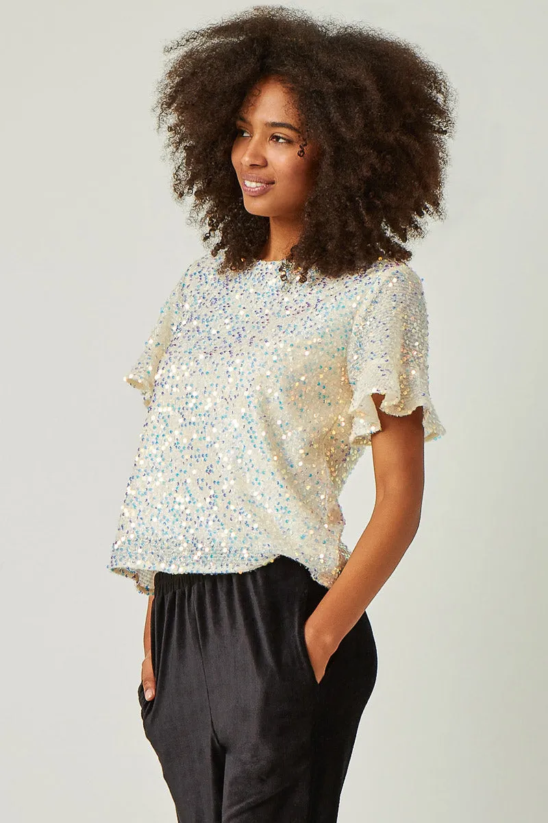 Womens Ruffle Sleeve Scoop Neck Sequin Top