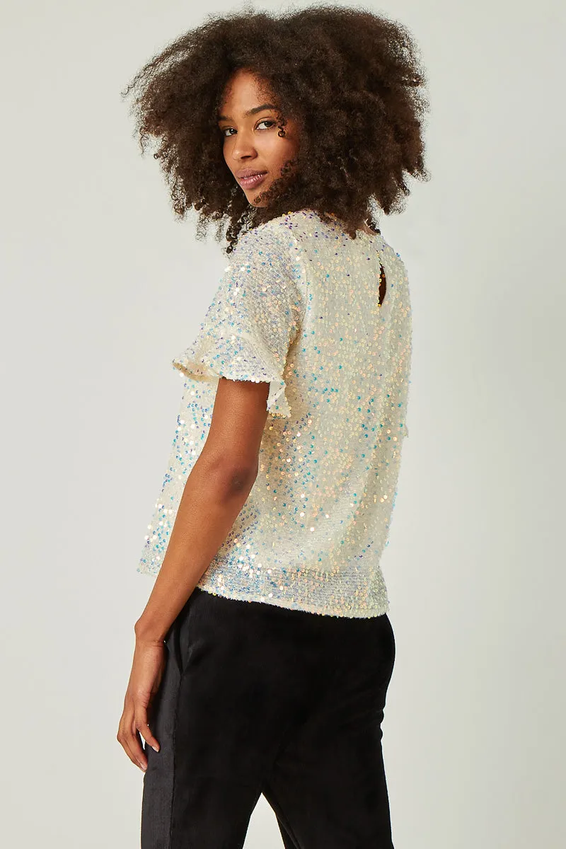 Womens Ruffle Sleeve Scoop Neck Sequin Top