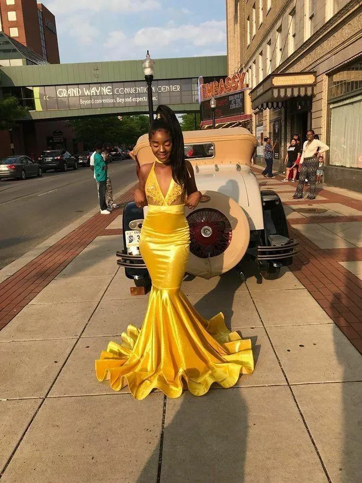 Yellow Bodycon Mermaid Prom Dresses Long with Appliuqes