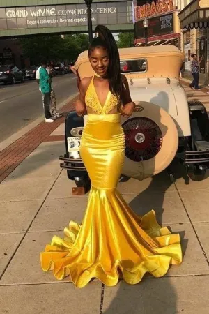 Yellow Bodycon Mermaid Prom Dresses Long with Appliuqes