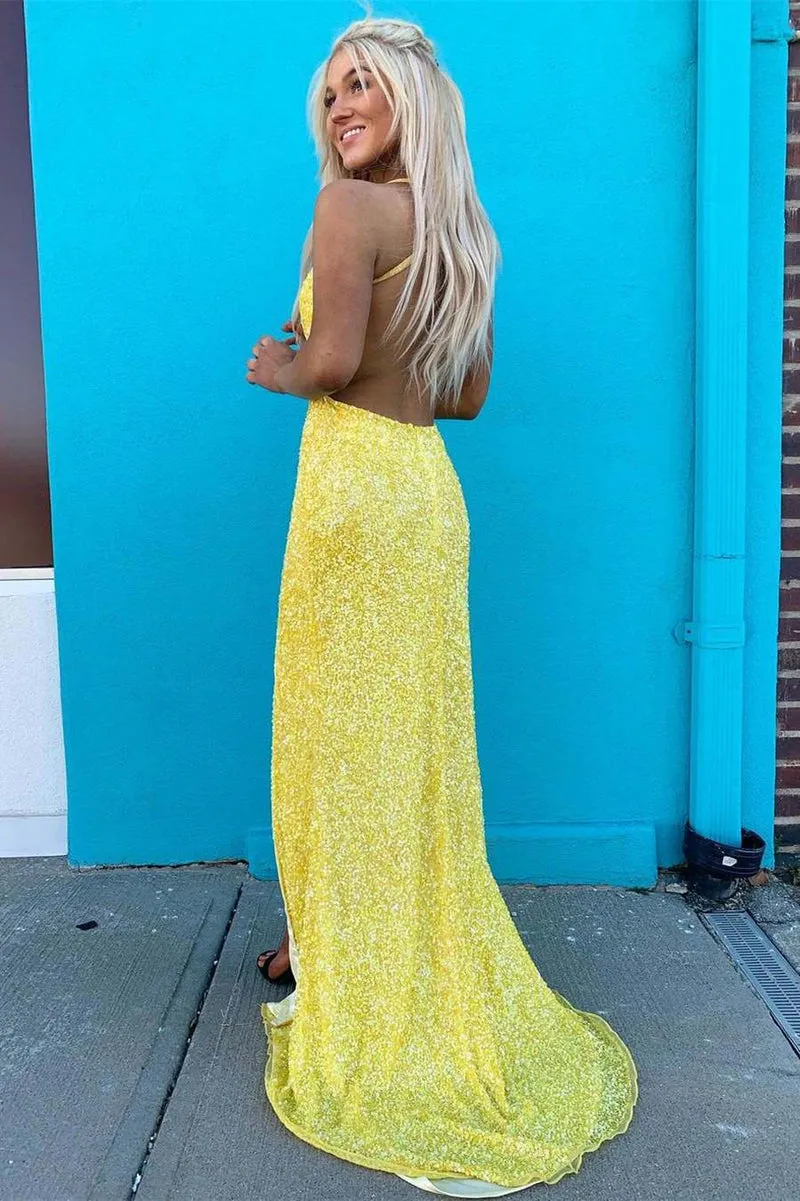 Yellow Sequined Mermaid Prom Dress V-Neck Long Evening Dress UK